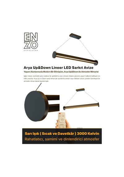 Arya 3'lü Füme Lineer Sarkıt Avize - Kumandalı Dim Edilebilir - Aşağı & Yukarı Işık Sarı Işık