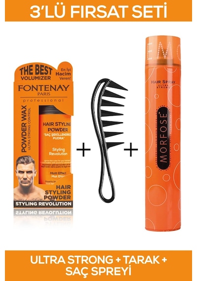 Fontenay Saç Şekillendirici Pudra Toz Wax Ultra Strong Turuncu + Şekil Tarağı + Saç Spreyi 400ml 3'lü Set