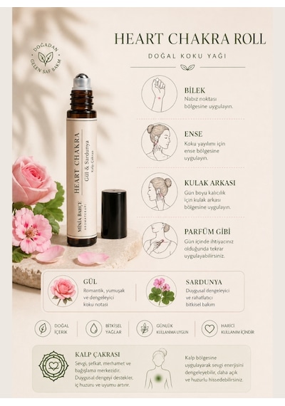 Kalp Çakra Roll - %100 Doğal Gül & Sardunya Yağı 10 Ml