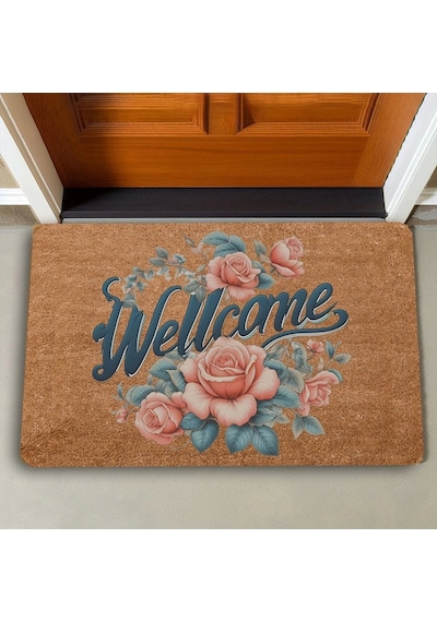Valerine Life Sarmaşık Pembe Güller Welcome Kapı Önü Paspası 45x70cm