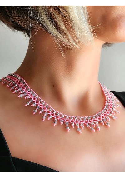Etnik Bohem Pembe Gümüş Salkım Model Kum Kristal Boncuk Kolye El Yapımı Pembe