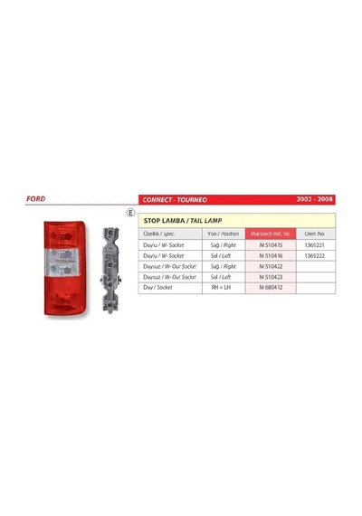 Ford Connect Tourneo Duysuz Sağ Stop Lambası 2002-2008