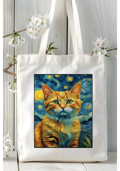 Art Hediye Kedi Baskılı Bez Çanta Omuz Çantası Kişiye Özel Model 3 Çok Renkli