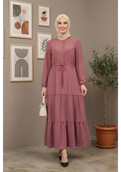 Hb Harma Time Butik Kadın Dantel Detaylı Bel Bağcıklı Pembe Ayrobin Elbise Pembe Pembe