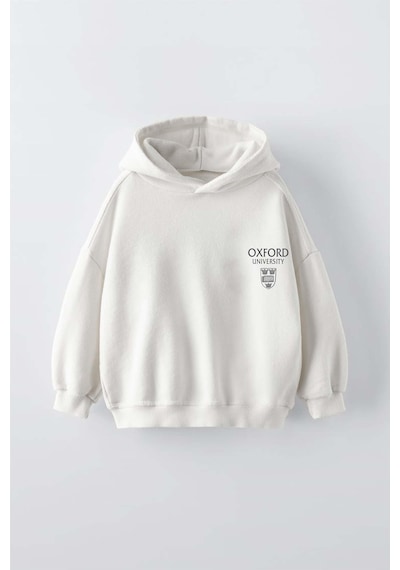 Erkek Çocuk Oxford Modelli Kol Manşetli Pamuk Kapşonlu Sweat Ekru