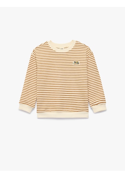 Koton Pamuklu Uzun Kollu Bisiklet Yaka Çizgili Oversize Sweatshirt Ekru Çizgili 7wmb10091tk