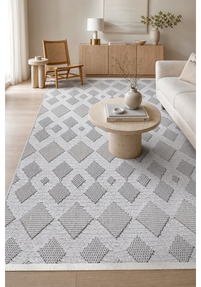 Özgün Geometrik Bej/gri Robot Süpürge Uyumlu Salon Halısı