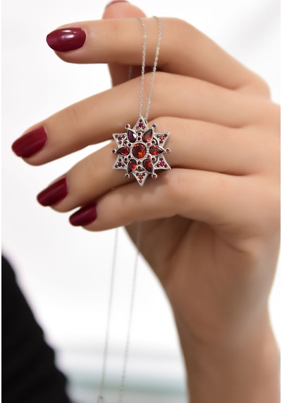 925 Ayar Gümüş Rodyum Kaplama Ruby Yıldız Kartanesi Kolye UVPS102367-3
