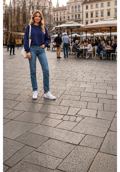 Luxıc Core Kadın Crop Bisiklet Yaka Sweatshirt Pamuklu Yumuşak Dokulu Günlük Spor Sweatshirt Mavi