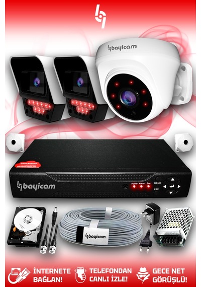 Bayicam 3 Kameralı Süper 1 İç Kamera Set 250 GB 5 MP 2K Net Gece Görüşlü Güvenlik Kamerası Sistemi