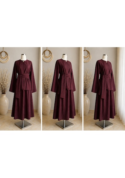 Efulim Womens Sade Broşlu Kuşaklı Alt-üst İkili Tesettür Takım Mürdüm