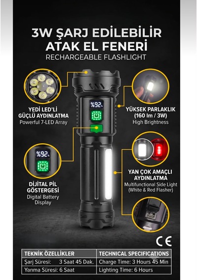 Ct -8025 El Feneri Siyah Kasa Beyaz Işık Kamp Feneri