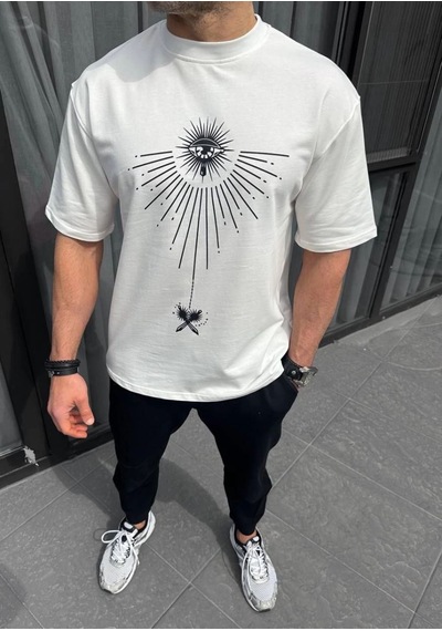 Erkek Kısa Kol Tişört Bisiklet Yaka Gül Baskılı Oversize T-shirt - Beyaz