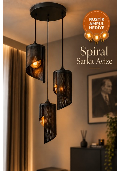 3'lü Spiral Sarkıt Avize Modern Dekoratif Salon Yemek Masası 3 Rustik Led Ampul Hediyeli Siyah