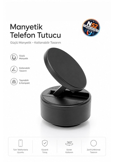 Güçlü Vakumlu 360 Ayarlanabilir Manyetik Araç İçi Telefon Tutucu Siyah