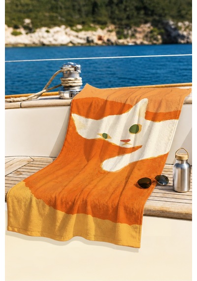Kedi Figürlü Modern Plaj Havlusu-turuncu Beyaz Minimalist Havuz Deniz Hızlı Kuruyan Mikrofiber Havlu Sisli İncir