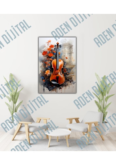 Aden Dijital Dekoratif Çiçekler Ve Keman Temalı Müzik Kanvas Tablo