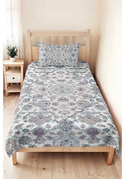 Mavi Etnik Otantik Tek Kişilik Pike Takımı - Bohem Şal Motifli Gri 160x220 Cm Kapitone Yatak Örtüsü Mahmur Sis Kokusu