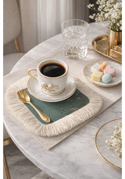 Çin Bahçesi Motifli Püsküllü Sunum Peçetesi - Pastel Yeşil Bohem Krem Püsküllü Bardak Altlığı Mendil Çok Renkli