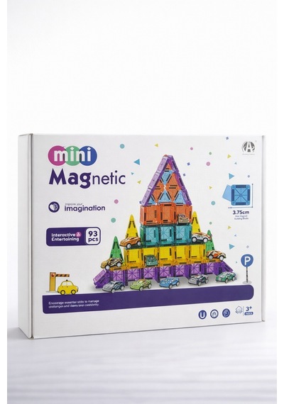 Magnetic Mini 93 Parça Manyetik Yapı Blokları 12 Arabalı Eğitici Oyun Seti - Kare Parça 3.75 Cm