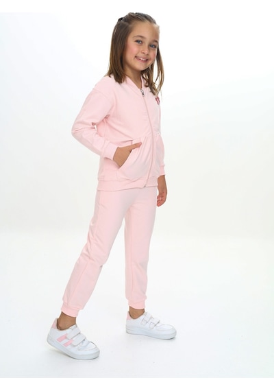 Toontoy Kids Toontoy Kız Çocuk Kanguru Cepli Göğsü Baskılı Eşofman Takım Pudra