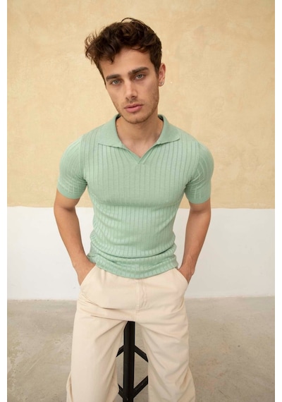 Erkek Fitilli Polo Yaka Triko T-shirt SU YEŞİLİ