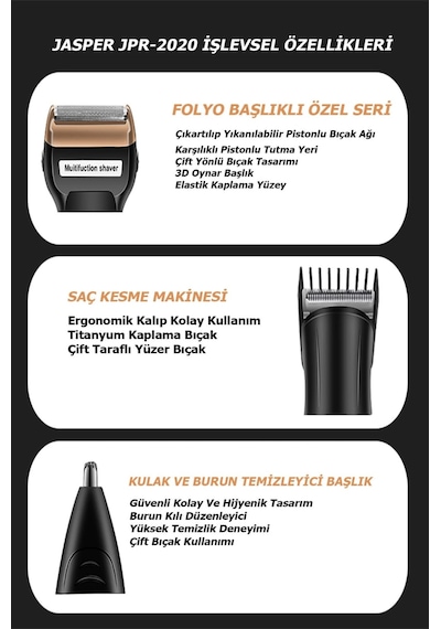 Jasper 2020 3 Başlıklı Şarjlı Saç Sakal Burun Kılı Alma Tıraş Makinesi