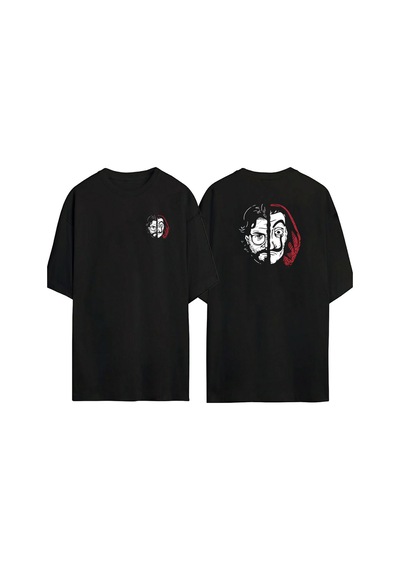 Thewert Unisex La Casa De Papel Profesör Ön Arka Baskılı Sıyah Oversize T-shirt Siyah