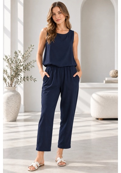 Mevese Beli Lastikli Modal Pantolon & Kalın Askılı Bluz Takımı - Lacivert