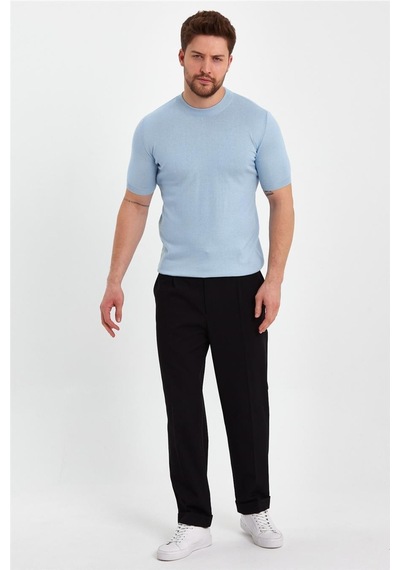 Cool Tarz Mavi Erkek Yarım Balıkçı Düz Triko T-shirt-trz19129r09s Mavi Mavi
