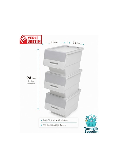 3 Katlı Tekerlekli Kapaklı Saklama Kutusu, Eşya Ve Erzak Organizer 3x12 Litre Gri Gri Gri