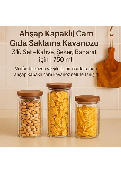 Ahşap Kapaklı Cam Gıda Saklama Kavanozu Vakum Kapaklı Büyük Boy Erzak Bakliyat Seti 3'lü Set 750 Ml Çok Renkli