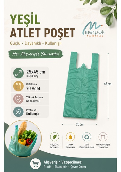 Kalın Yeşil Poşet Küçük Boy 1 Kg Market Manav Poşeti 25x45 Cm Hışır Atlet Poşet