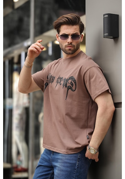 Madmext Kahverengi Baskılı %100 Pamuk Erkek T-shirt E7141 Kahverengi