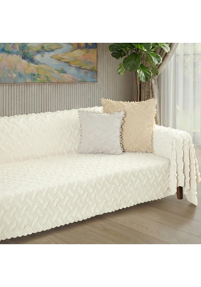 Ponela Koltuk Örtüsü Kaymaz Bohem Punch Kabartmalı 3 Boyutlu 175x350 Cm X- Large Kaymaz, Krem