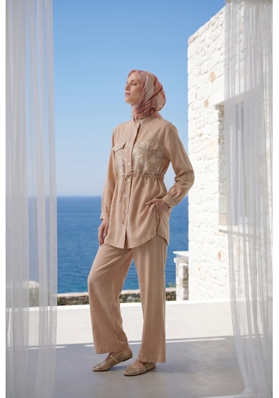 Armine Trend Çiçek Desenli Beli Büzgülü Tunik Ve Geniş Paça Pantolonlu Takım Bej 26yt6156
