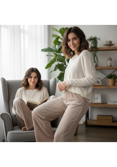 Bonbon Kadın Kadife Kumaş Dantel Süslü Pantolon Bb2430 Kahve Melanj