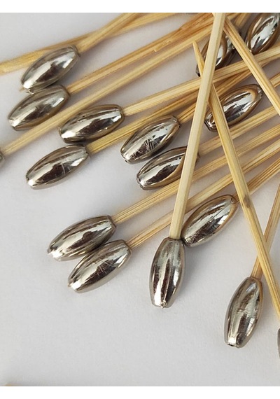 100 Adet Dekoratif Gümüş Oval Arpa Boncuklu Pasta Kürdanı 6,5 Cm - Inci 6x12 Mm