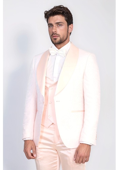Dalgalı Desenli S Al Yaka Yelekli Toz Pembe Smokin - Wessi Pembe