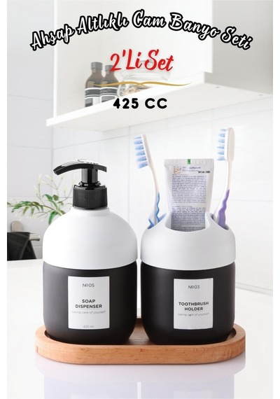 Nandy Home Lüks Ahşap Altlıklı Cam Cool Sabun ve Diş Fırçalık Banyo Seti 2'li Beyaz