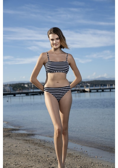 Estiva Çizgili Straplez İp Askılı Bikini Takımı - Siyah Beyaz Çok Renkli