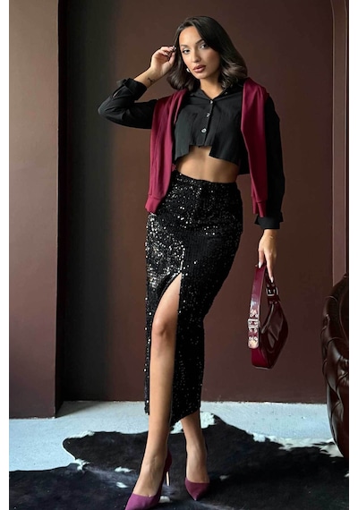 Verymoda Pullu Kadife Uzun Etek F2053 Siyah Siyah