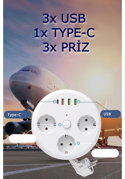 7in1 Makaralı Grup Priz 1.5m Kablo 3 Usb-a 1 Usb-c Akım Korumalı Hızlı Şarj 1