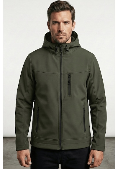 Erkek Mont İçi Polarlı Softshell Mont Su Ve Rüzgar Geçirmez Kapüşonlu Spor Mont Haki