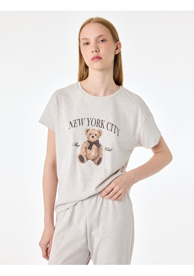 Koton Kısa Kollu Bisiklet Yaka Ayıcık Baskılı Pijama Takımı Bej Melanj 7wlk40266mk