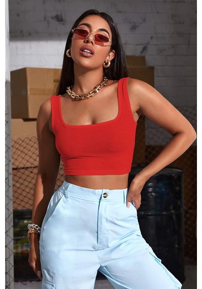 Kadın Kırmızı Kalın Askılı Crop Top Büstiyer