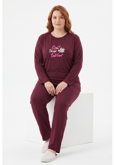 Sleeproom Büyük Beden Kadın Mevsimlik Great Things Desen Bordo Pijama Takımı