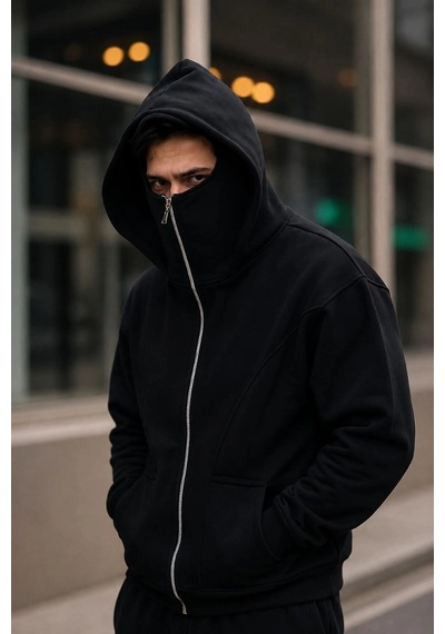 Barlashive Erkek 3 İplik Şardonlu Maskeli Ninja Model Çift Kapüşonlu Fermuarlı 4 Cepli Sweatshirt- Siyah Çok Renkli