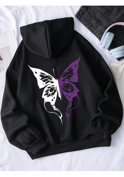 Startmore . Essnce Butterfly Print Kangaroo Pocket Drawstring Lined Hoodie Siyah Siyah