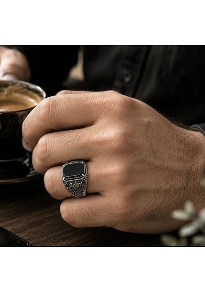 Simurg Jewellery 925 Ayar Gümüş İsimli Oniks Taşlı Erkek Yüzük